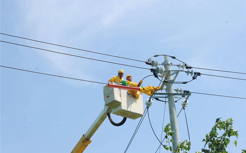 國家電網(wǎng)湖北電力孝感孝心?孝昌共產(chǎn)黨員服務(wù)隊(duì)隊(duì)員徐鋼和史丹明冒著高溫保障栗農(nóng)田灌溉用電。余健兵攝