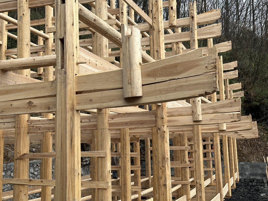 11月22日，湖北建始縣楂樹(shù)坪，一棟極富土家特色的吊腳樓正在如火如荼的建設(shè)中。