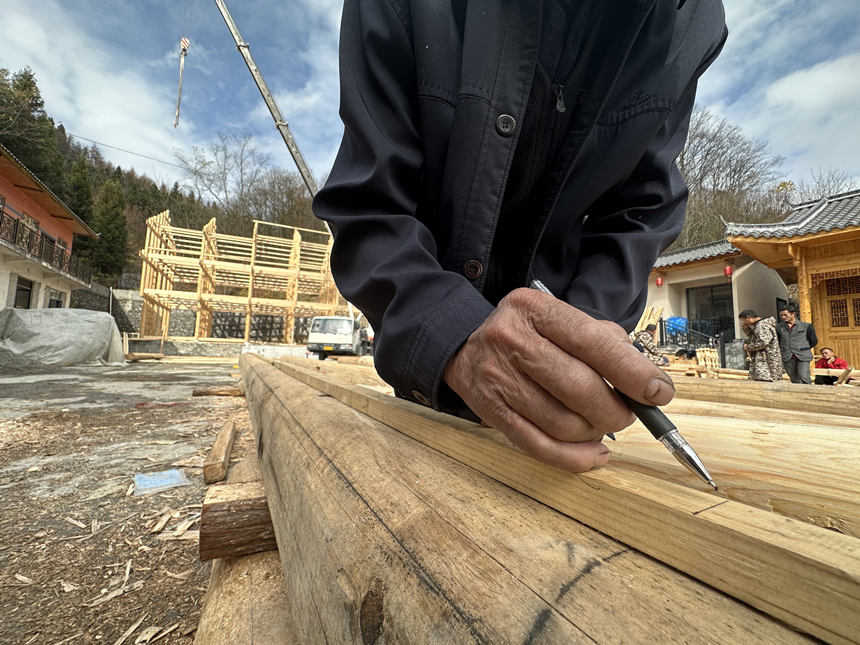 11月22日，湖北建始縣楂樹坪，一棟極富土家特色的吊腳樓正在如火如荼地建設(shè)中。