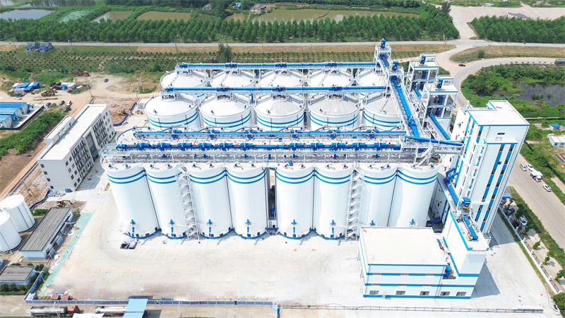 武漢陽邏糧食物流應(yīng)急保障基地12.5萬噸糧食筒倉，設(shè)計(jì)年中轉(zhuǎn)量125萬噸。湖北省糧食局供圖