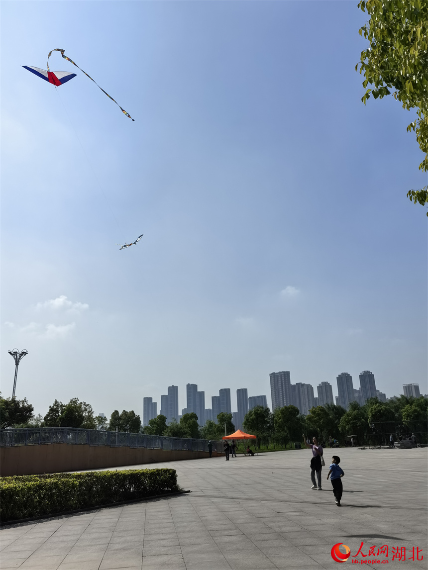 春日，在武漢漢江灣體育公園里，不少市民在放風(fēng)箏。人民網(wǎng)記者 周雯攝