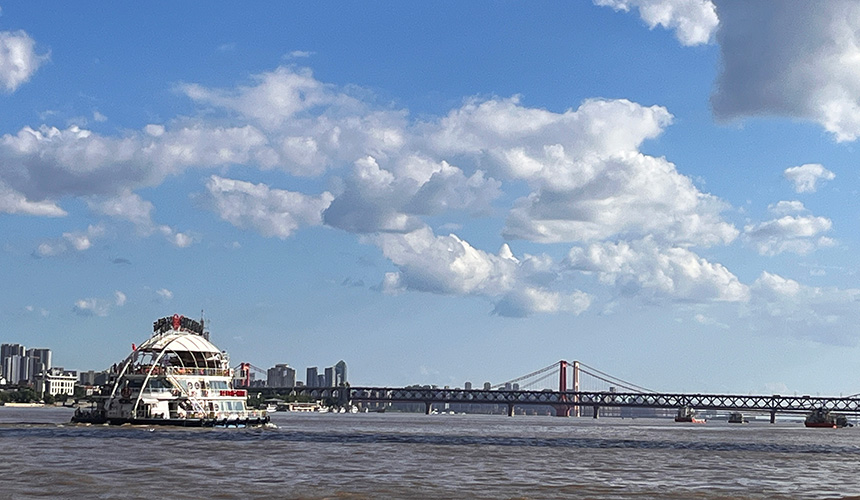 長江游輪和長江大橋同框。人民網(wǎng)記者 張雋攝