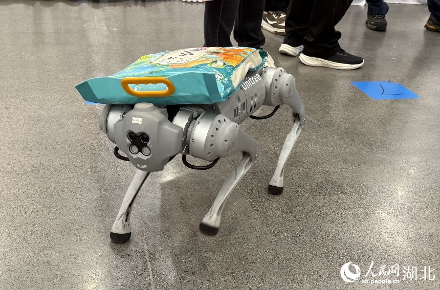 機器狗背上馱著一袋大米，在展廳來回踱步，引人圍觀。人民網(wǎng)記者 周恬攝