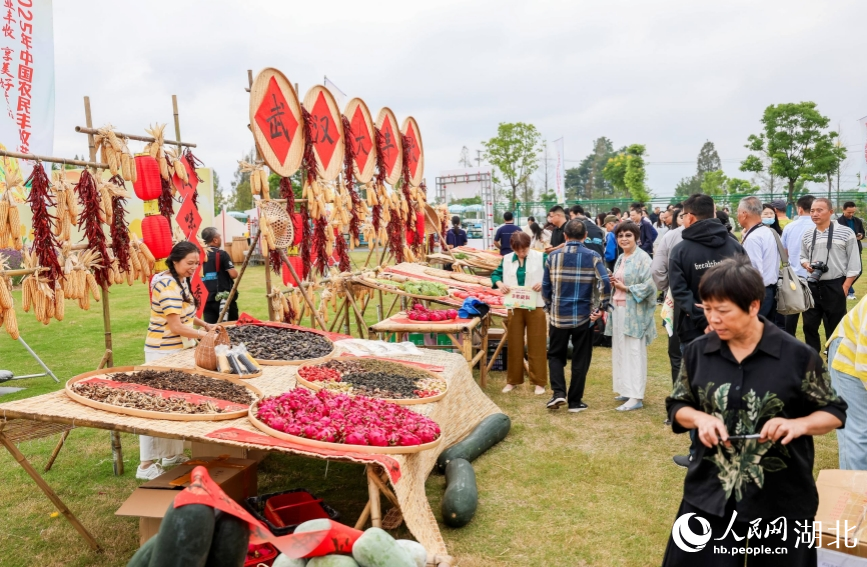 曬秋區(qū)中展示的各種武漢特色農(nóng)產(chǎn)品吸引游客合影留念。人民網(wǎng)記者 郭婷婷