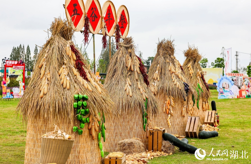 曬秋區(qū)中慶祝豐收的裝飾吸引人眼球。人民網(wǎng)記者 郭婷婷攝