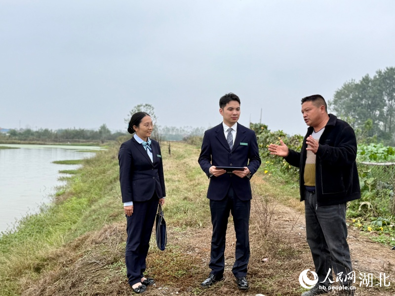 郵儲銀行鄂州市分行工作人員來到特種魚養(yǎng)殖戶單東繼的魚塘邊了解養(yǎng)殖情況和需求。人民網(wǎng)記者 周恬攝