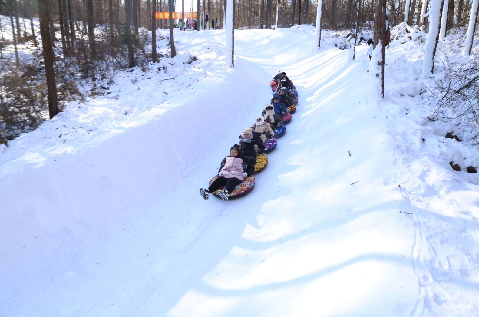 撫順2000米長(zhǎng)的“雪地貪吃蛇”林間雪圈道上，尖叫聲不斷。
